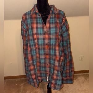 Flannel Button-Up Shirt in Blue and Orange